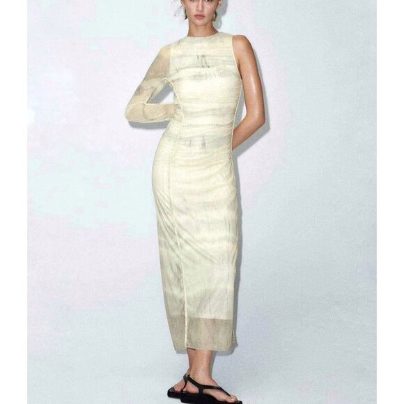 Zara Dresses & Skirts - Zara Size M Beige & Gray Tie Dye Printed Tulle Ruched One Shoulder Maxi Dress